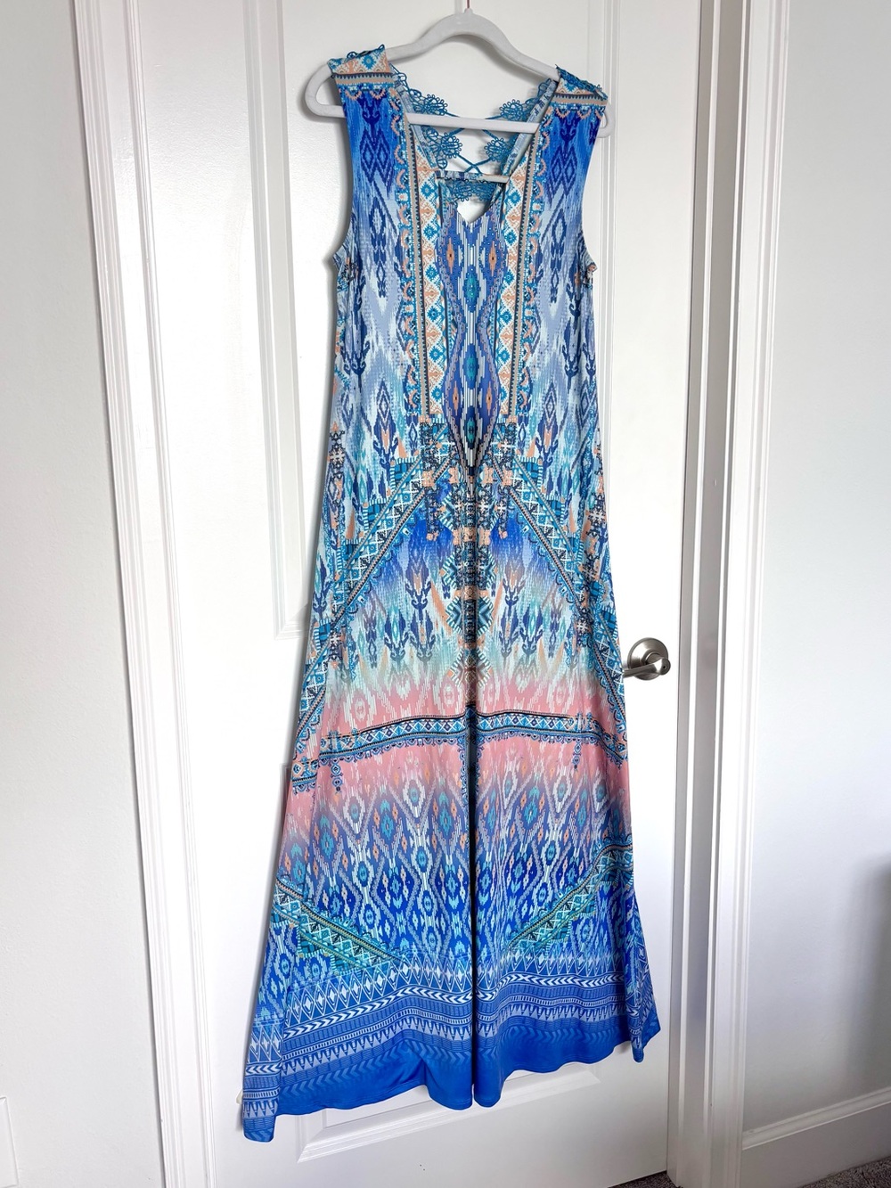 Beaded Blue Boho Maxi Dress Lace Up Back Embroidered Paisley Festival Size M